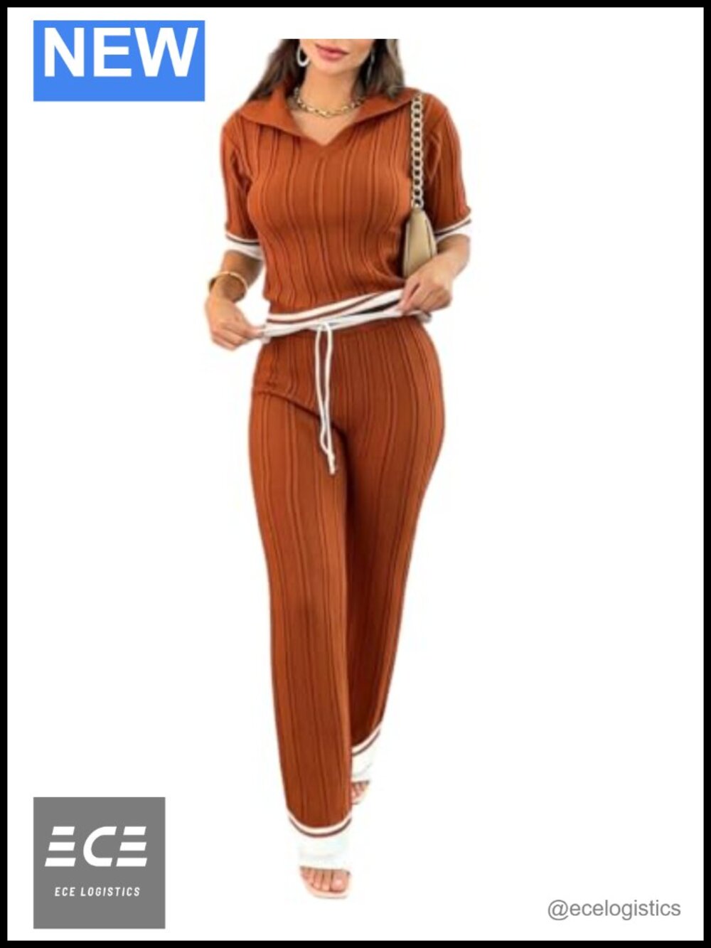 Two Piece Ribbed Knit Lounge Set V Neck Short Sleeve Wide Leg Pants
